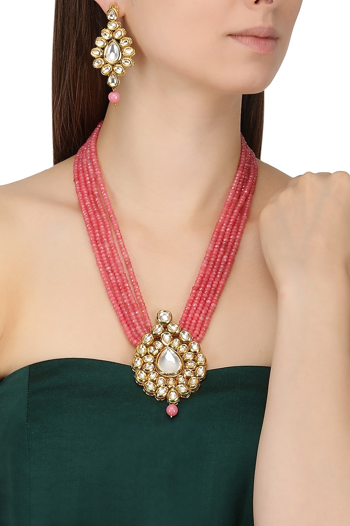 Gold Finish Kundan and Pink Multiple String Beads Necklace Set by Chhavi's Jewels