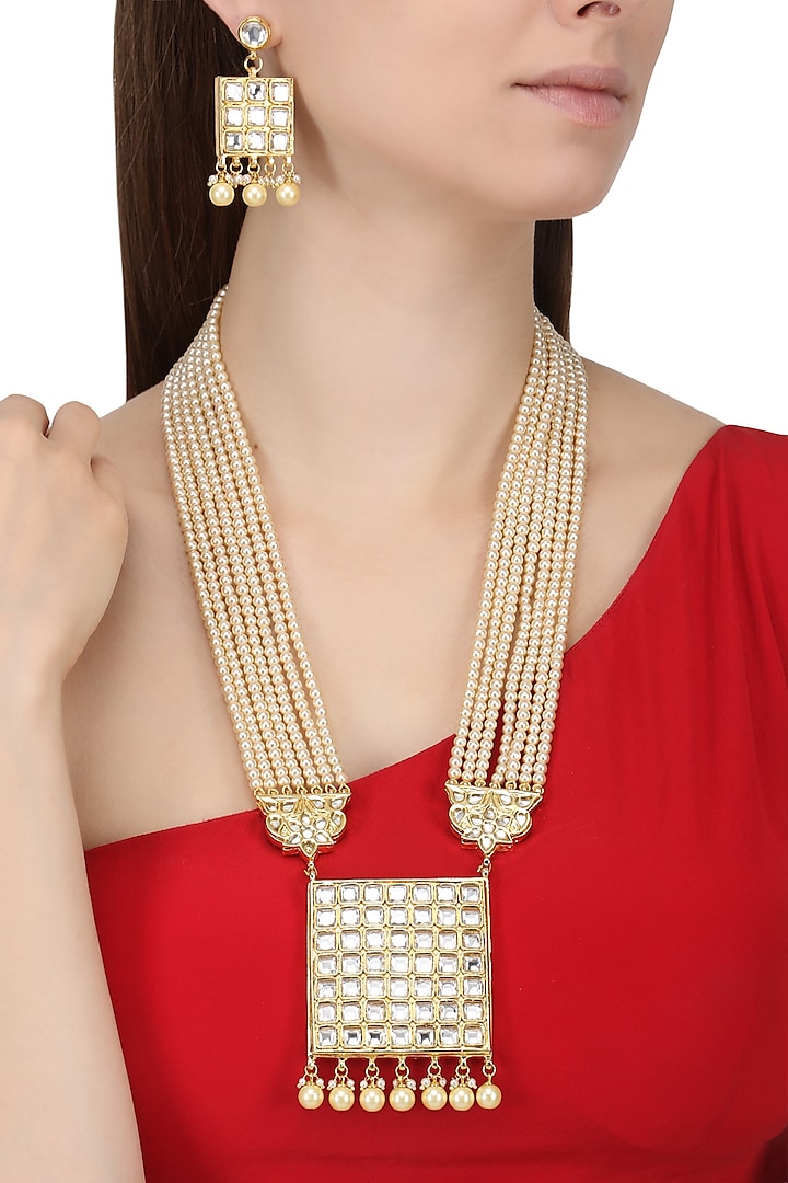 Gold Finish Kundan and White Multiple String Beads Necklace Set by Chhavi's Jewels