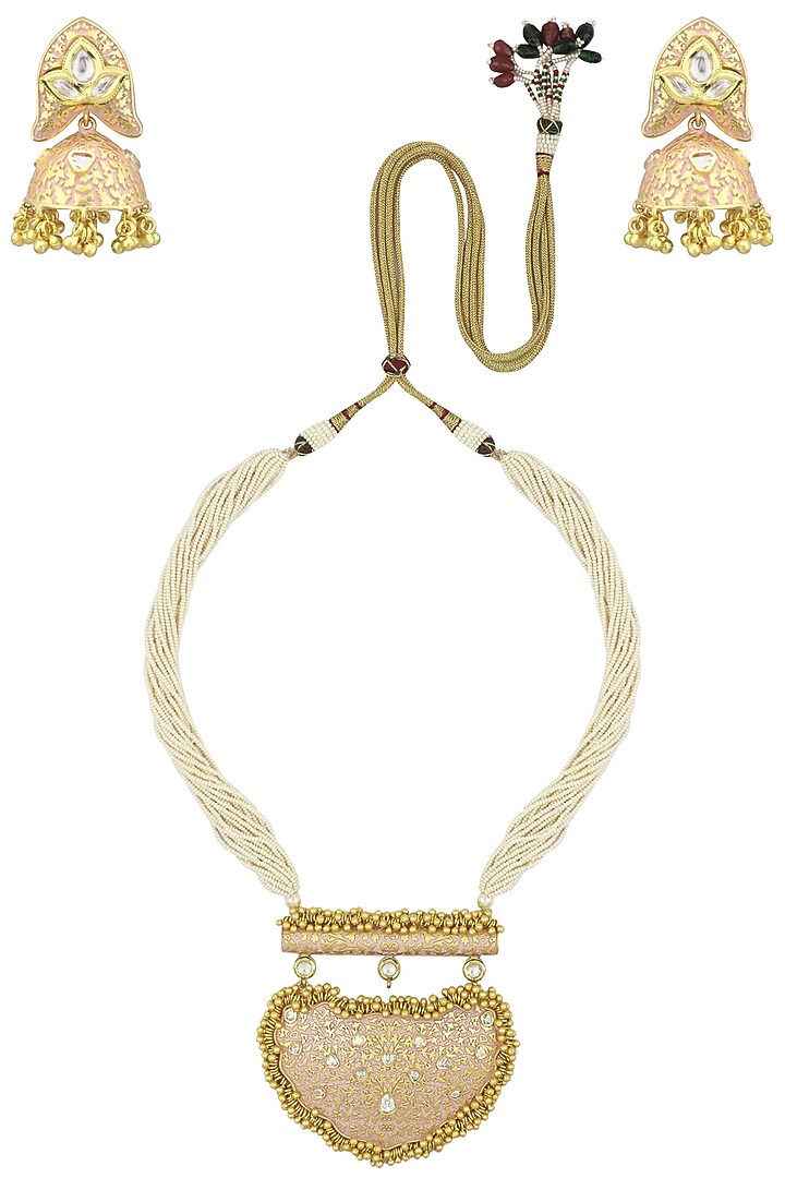 Gold finish kundan and pearl multiple string necklace set available only at Pernia's Pop Up Shop.