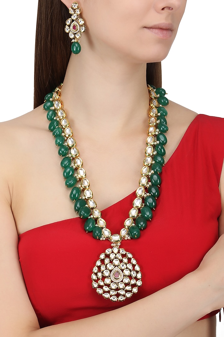 Gold Finish Kundan and Emerald Stones Necklace Set by Chhavi's Jewels