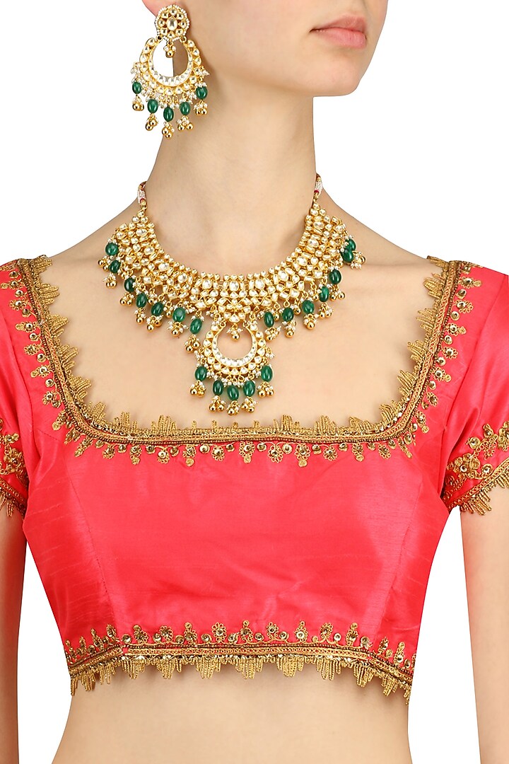 Emerald, Ruby, Kundan Stones Gold Finish Necklace Set by Chhavi's Jewels