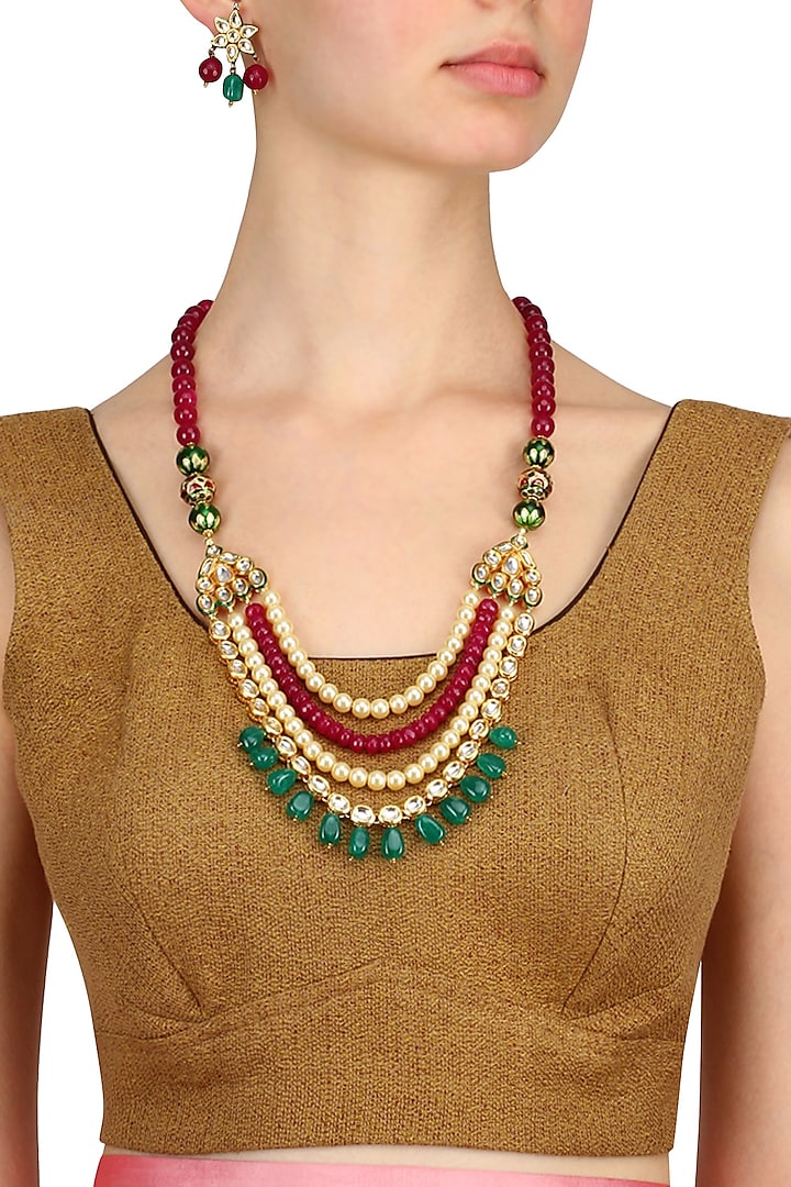 Emerald, Ruby, Kundan Stones and Pearls String Necklace Set by Chhavi's Jewels