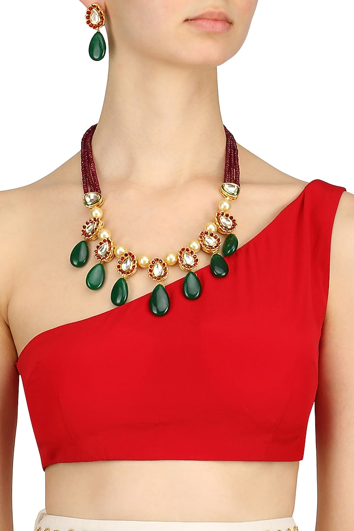 Ruby, Kundan and Pearl Multi String Necklace Set by Chhavi's Jewels
