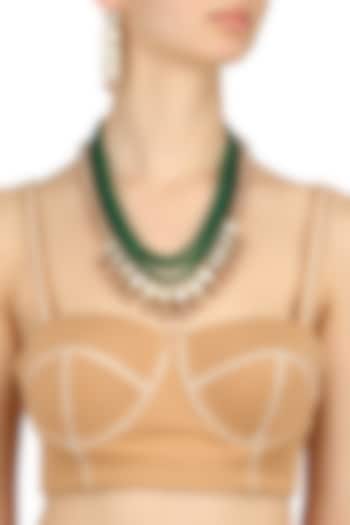Gold Finish Emerald and Pearl Multiple String Necklace Set by Chhavi's Jewels