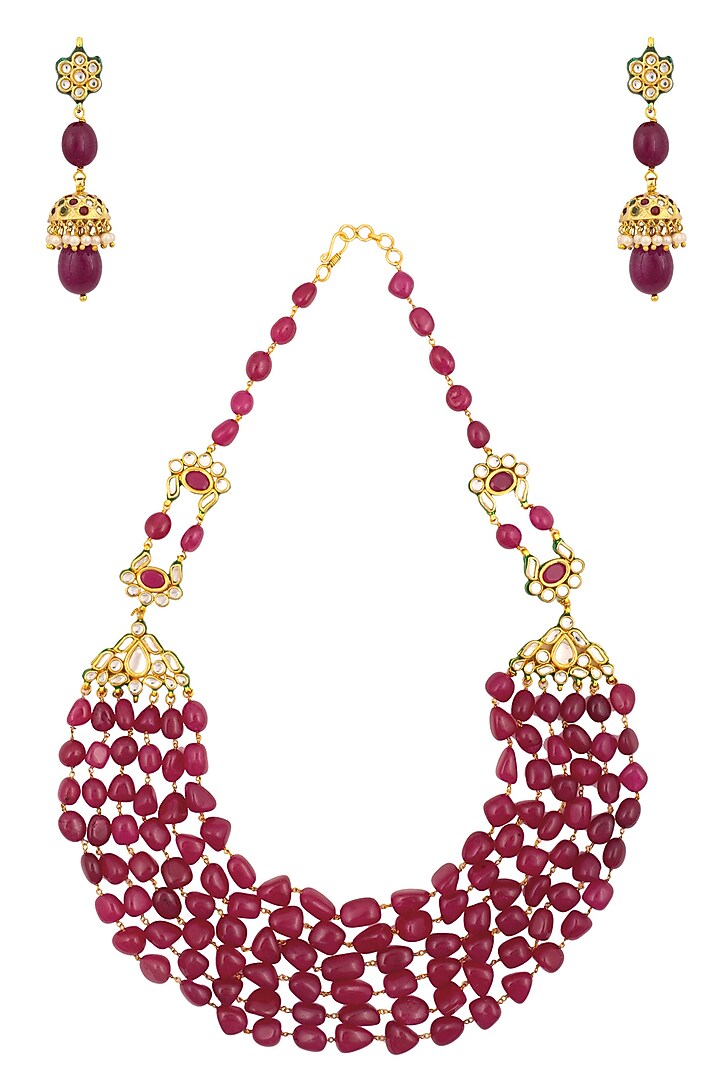 Chhavi's Jewel presents Ruby, emerald and kundan stone multiple string long necklace set available only at Pernia's Pop Up Shop.