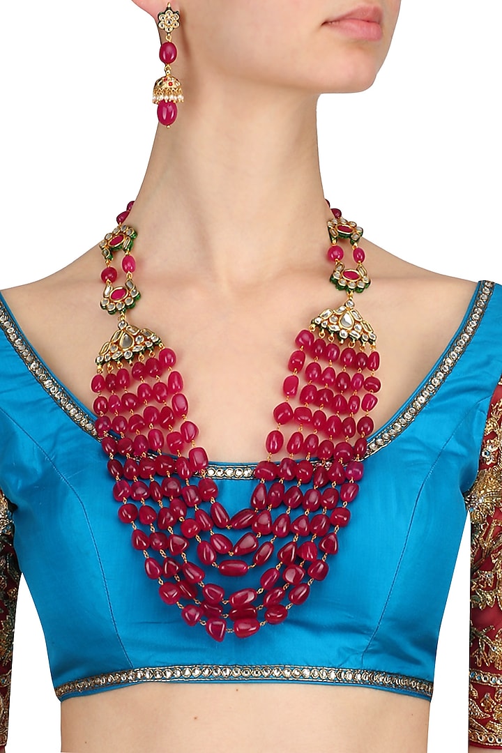 Ruby, Emerald and Kundan Stone Multiple String Long Necklace Set by Chhavi's Jewels