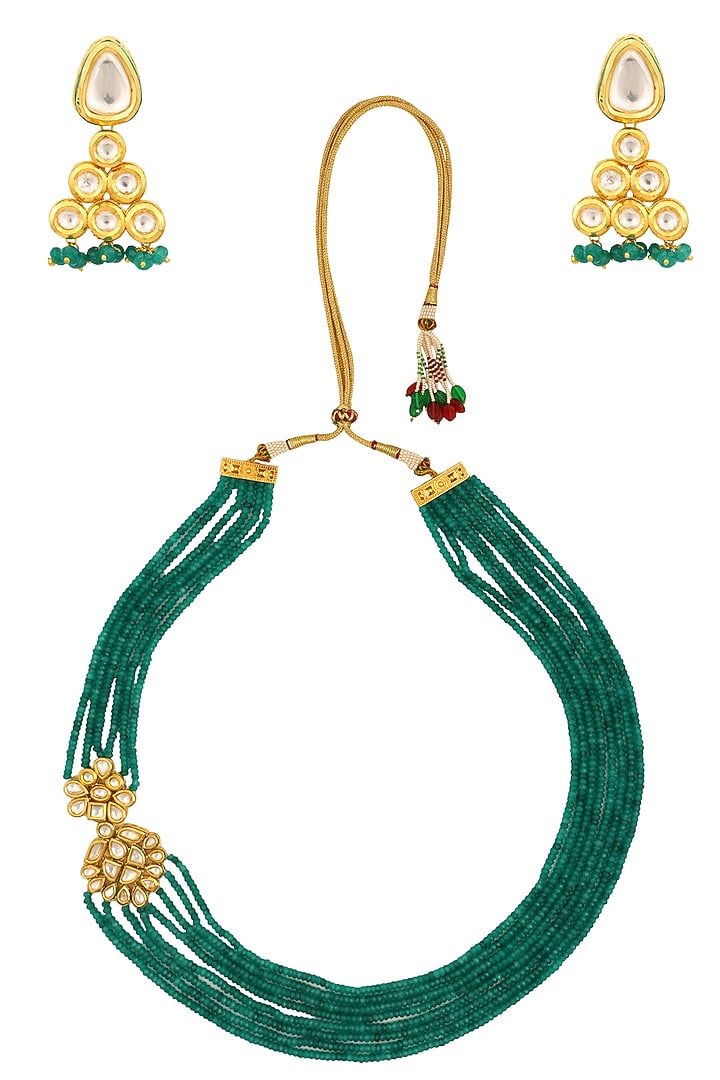 Chhavi's Jewel presents Emerald and kundan stone flower multiple string long necklace set available only at Pernia's Pop Up Shop.