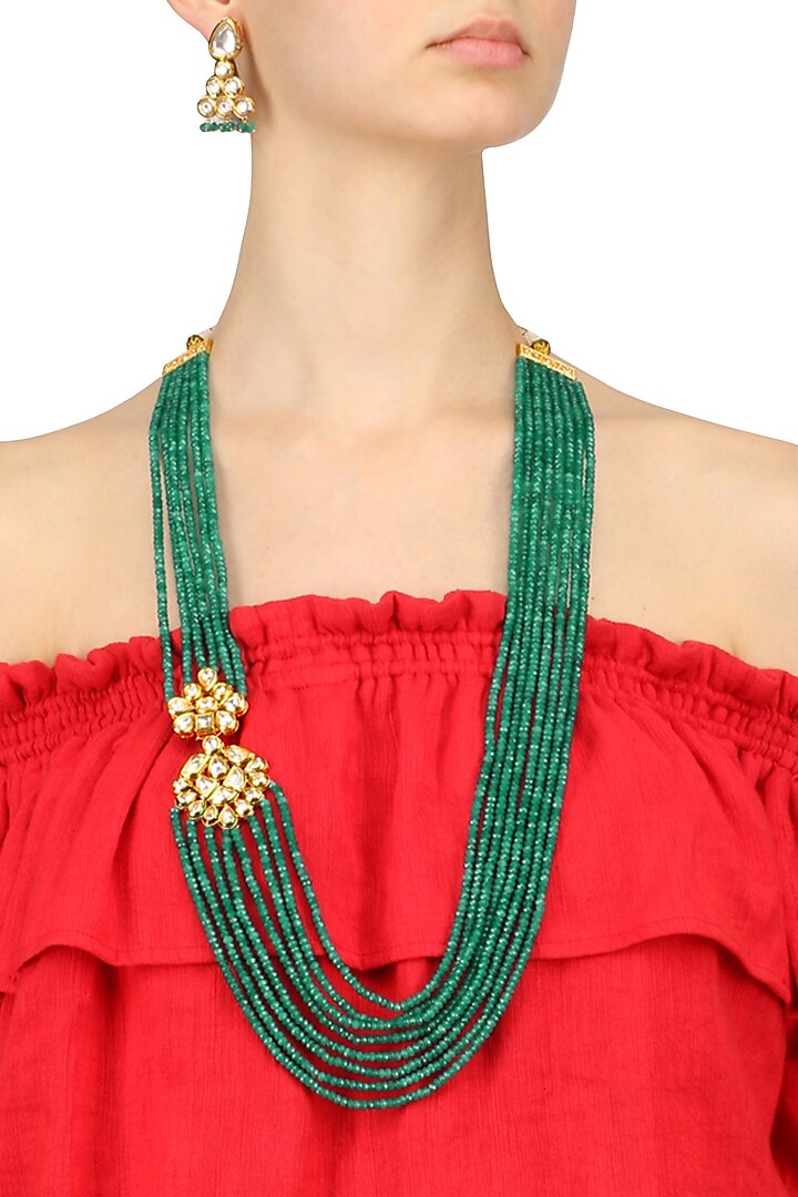 Emerald and Kundan Stone Flower Multiple String Long Necklace Set by Chhavi's Jewels