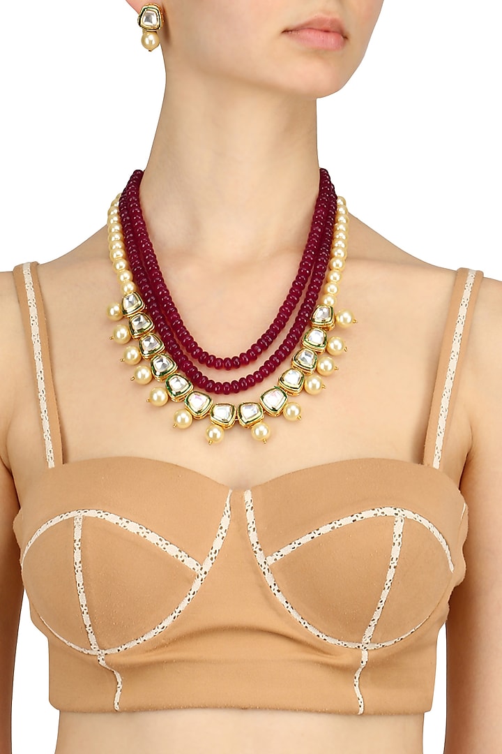 Ruby Stone and Golden Pearl Multiple String Necklace Set by Chhavi's Jewels