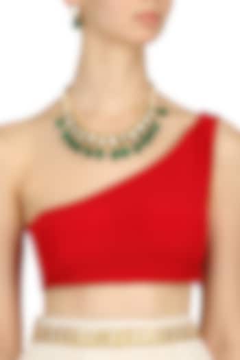 Chhavi's Jewel presents Gold finish kundan, pearl and emerald stone necklace set available only at Pernia's Pop Up Shop.