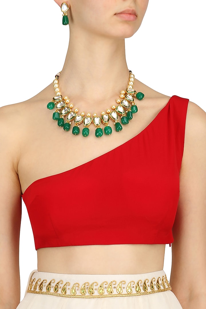 Gold Finish Kundan, Pearl and Emerald Stone Necklace Set by Chhavi's Jewels