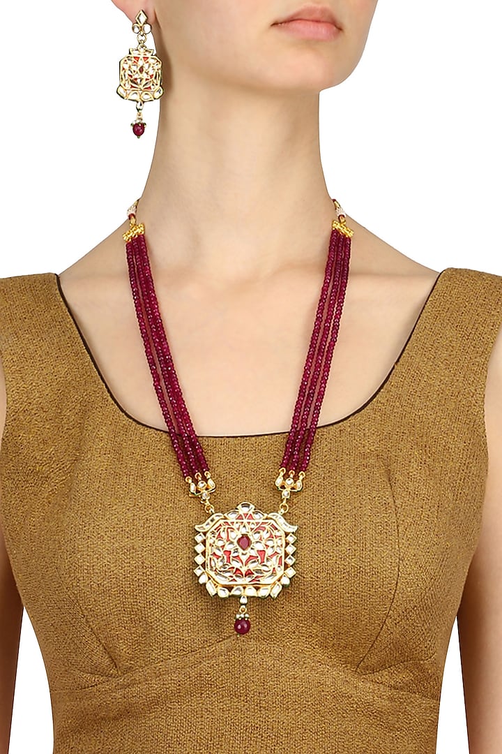 Gold Finish Kundan and Ruby Stone Three String Long Necklace Set by Chhavi's Jewels