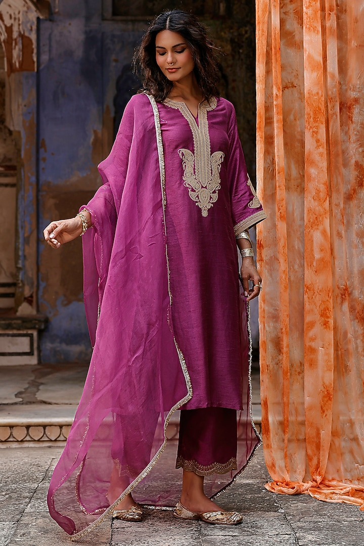 Plum Raw Silk Dori Hand Embroidered Kurta Set by Charu Makkar at Pernia's Pop Up Shop