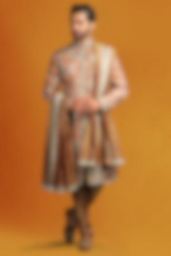 Copper Linen Tissue Zardosi Embroidered & Printed Sherwani Set by Char Chaand