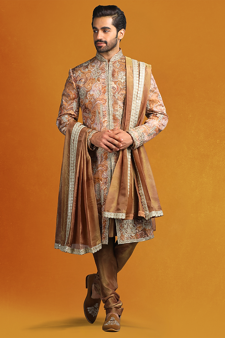 Copper Linen Tissue Zardosi Embroidered & Printed Wedding Sherwani Set by Char Chaand at Pernia's Pop Up Shop