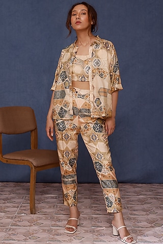 Beige Handwoven Silk Printed Co-Ord Set by Chokhi Chorri