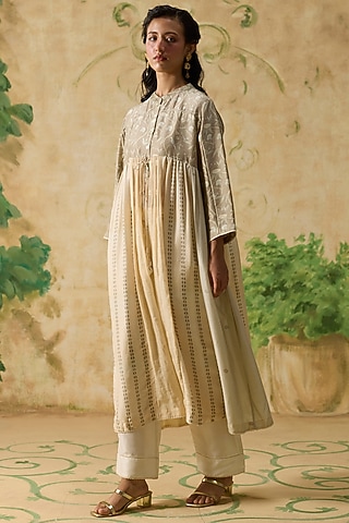 Beige & Brown Silk Ikkat Printed Kurta by Khyati Rughani