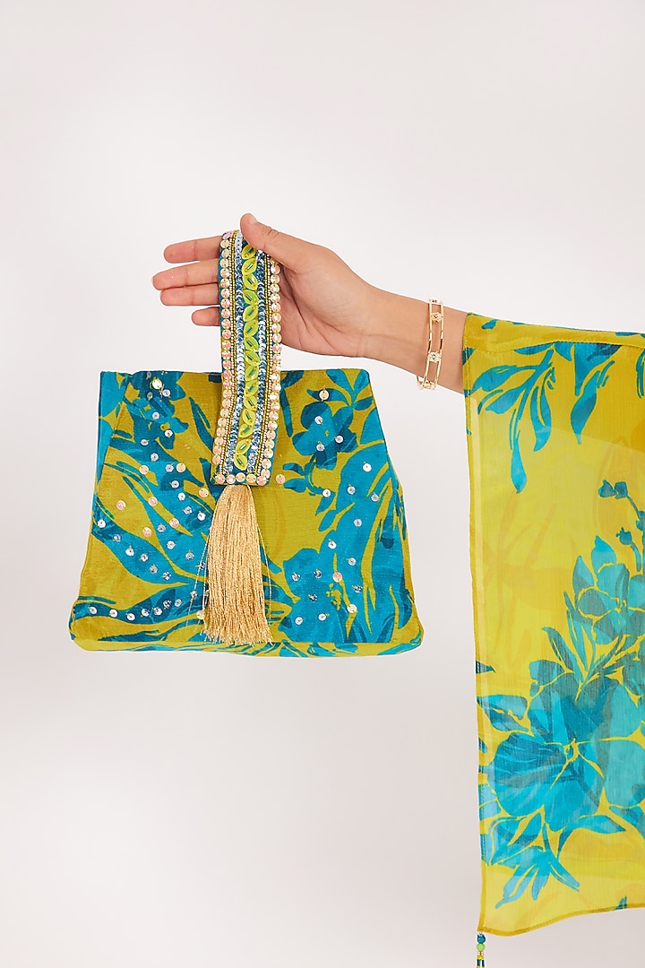 Lime Chinon Chiffon Cutdana Embroidered & Printed Jumpsuit With Bag by Chaashni by Maansi and Ketan at Pernia's Pop Up Shop