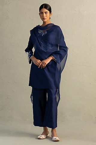 Sapphire Blue Chanderi Floral Patchwork Kurta Set by Charkhee
