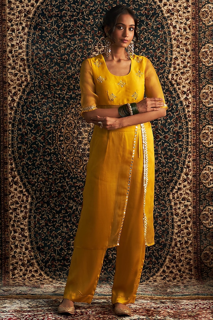 Marigold Yellow Organza Gota & Mirror Embellished Kurta Set by Charkhee