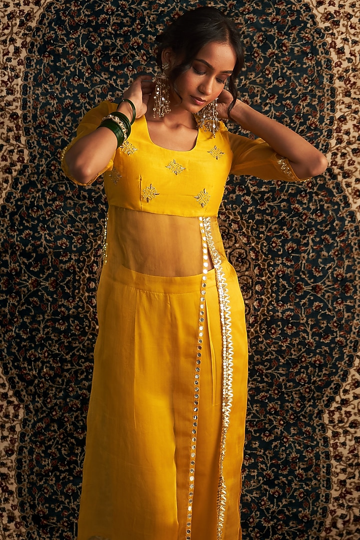 Marigold Yellow Organza Gota & Mirror Embellished Kurta Set by Charkhee at Pernia's Pop Up Shop