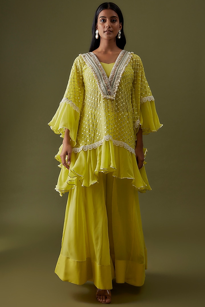 Yellow Georgette Embroidered Kaftan Set by CHRISTINA at Pernia's Pop Up Shop