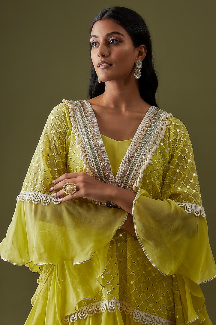 Yellow Georgette Embroidered Kaftan Set by CHRISTINA at Pernia's Pop Up Shop