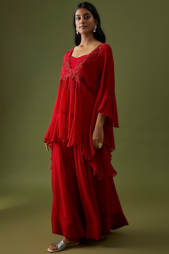 Red Georgette Embroidered Kaftan Set by CHRISTINA