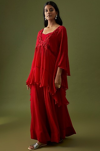 Red Georgette Embroidered Kaftan Set by CHRISTINA