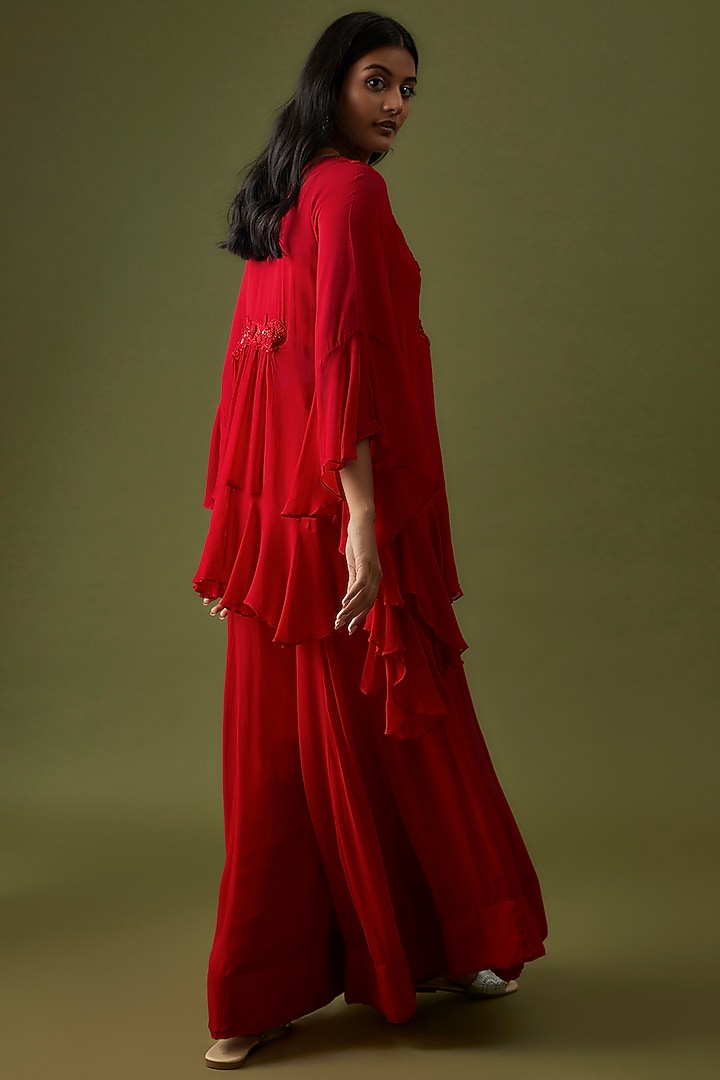 Red Georgette Embroidered Kaftan Set by CHRISTINA at Pernia's Pop Up Shop