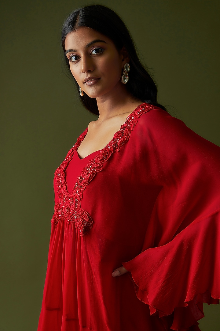 Red Georgette Embroidered Kaftan Set by CHRISTINA at Pernia's Pop Up Shop