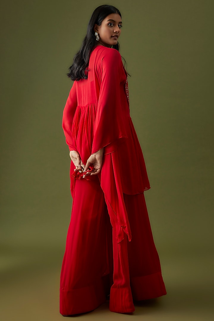 Red Georgette Embroidered Kaftan Set by CHRISTINA at Pernia's Pop Up Shop