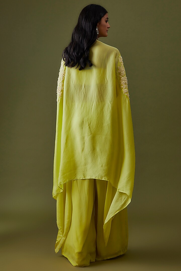 Yellow Crepe Pearl & Resham Embroidered Cape Set by CHRISTINA at Pernia's Pop Up Shop