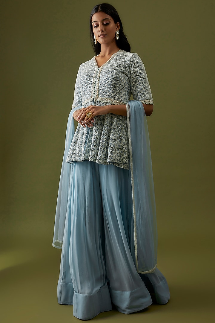 Powder Blue Georgette & Net Flared Wedding Sharara Set by CHRISTINA at Pernia's Pop Up Shop