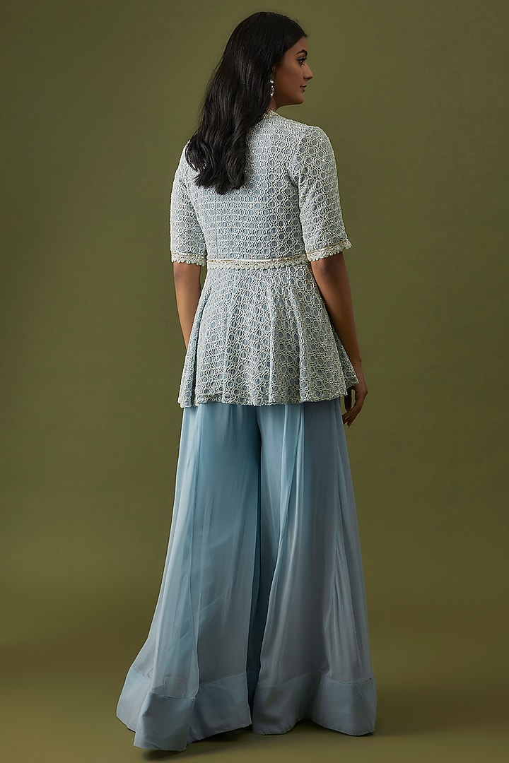 Powder Blue Georgette & Net Flared Wedding Sharara Set by CHRISTINA at Pernia's Pop Up Shop