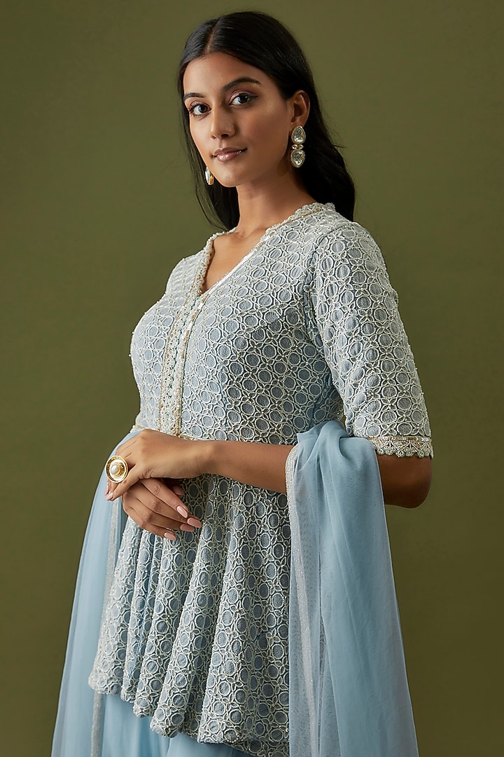 Powder Blue Georgette & Net Flared Wedding Sharara Set by CHRISTINA at Pernia's Pop Up Shop