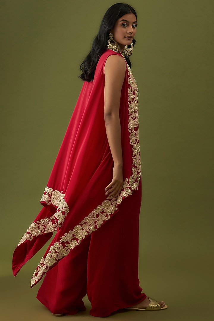 Red Crepe Embroidered Asymmetrical Jacket Set by CHRISTINA at Pernia's Pop Up Shop