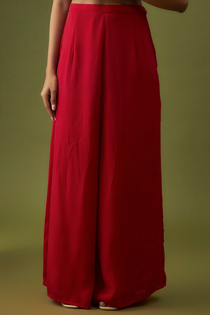 Red Crepe Embroidered Asymmetrical Jacket Set by CHRISTINA at Pernia's Pop Up Shop