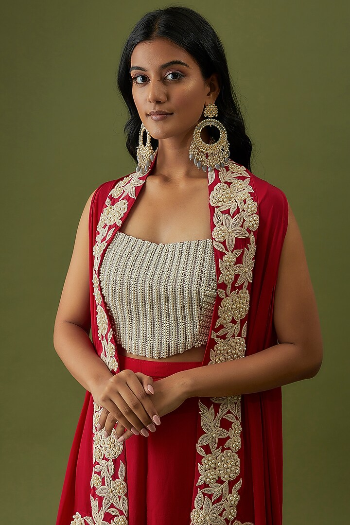 Red Crepe Embroidered Asymmetrical Jacket Set by CHRISTINA at Pernia's Pop Up Shop
