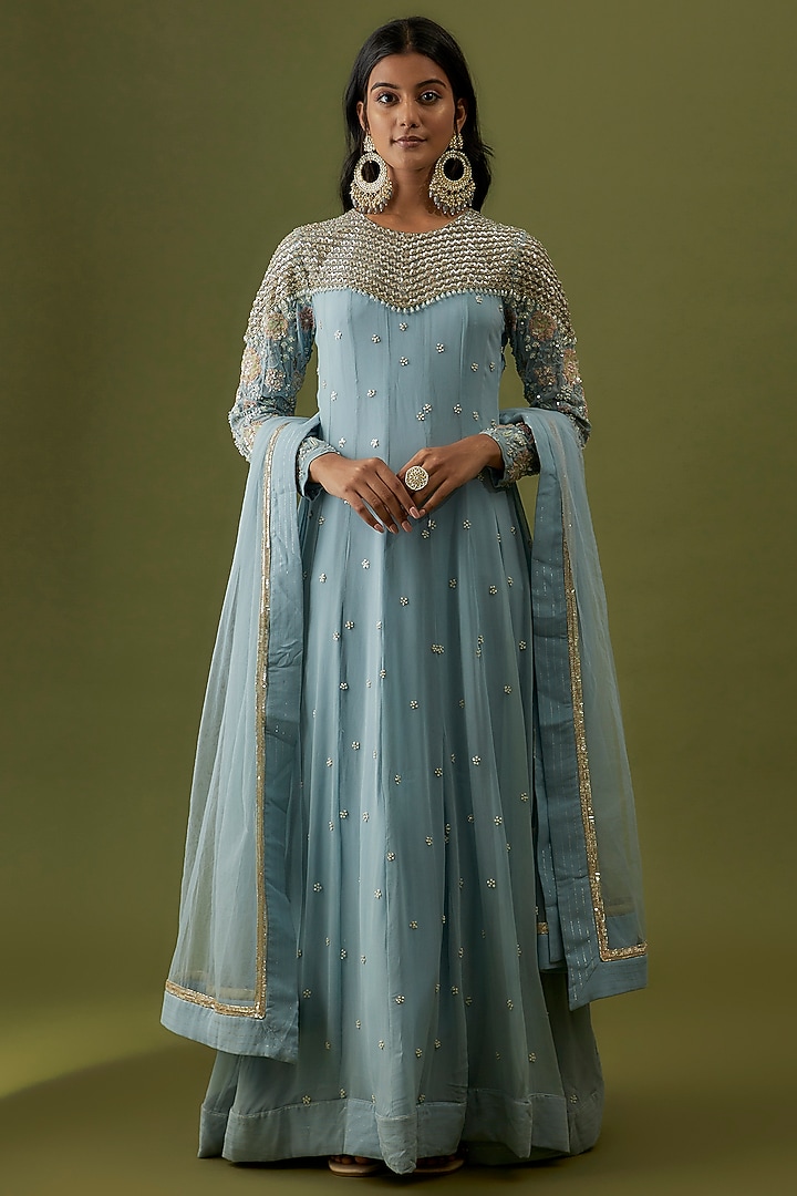 Powder Blue Georgette & Net Wedding Anarkali Set by CHRISTINA at Pernia's Pop Up Shop