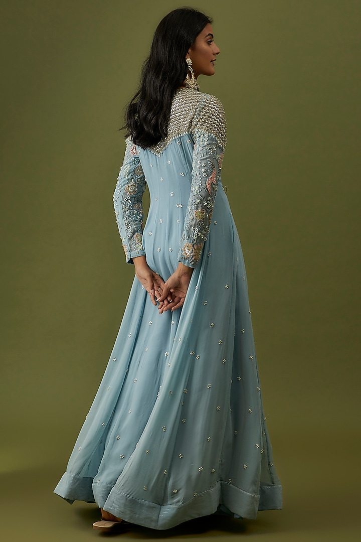 Powder Blue Georgette & Net Wedding Anarkali Set by CHRISTINA at Pernia's Pop Up Shop