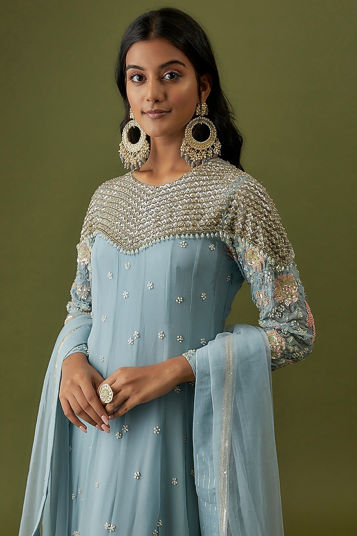 Powder Blue Georgette & Net Wedding Anarkali Set by CHRISTINA at Pernia's Pop Up Shop