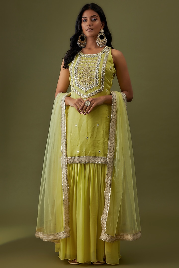 Lime Yellow Georgette & Chiffon Party Wear Sharara Set by CHRISTINA at Pernia's Pop Up Shop