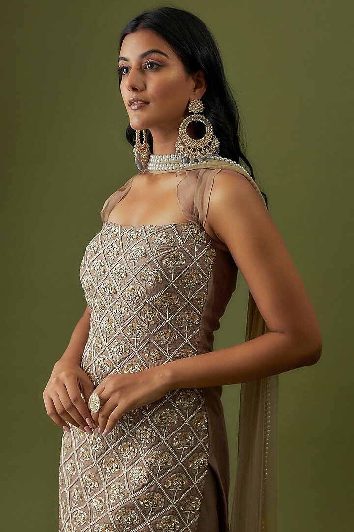 Beige Gold Organza & Net Layered Wedding Sharara Set by CHRISTINA at Pernia's Pop Up Shop