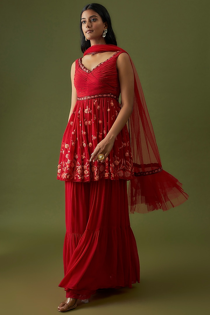Red Georgette & Net Wedding Sharara Set by CHRISTINA at Pernia's Pop Up Shop