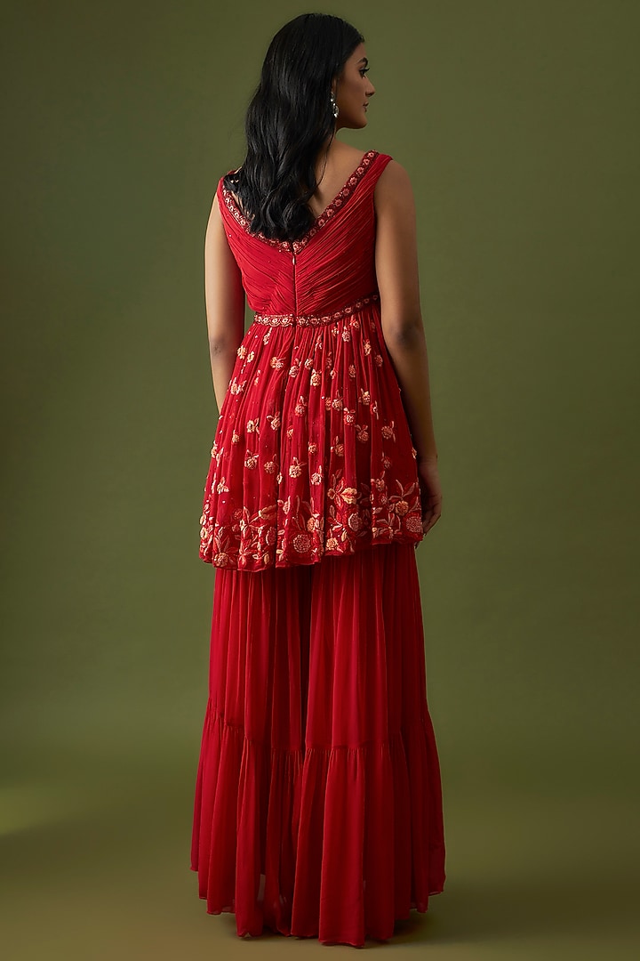 Red Georgette & Net Wedding Sharara Set by CHRISTINA at Pernia's Pop Up Shop