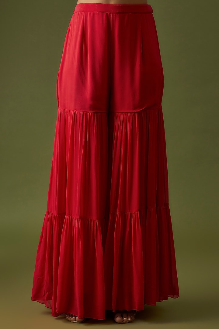 Red Georgette & Net Wedding Sharara Set by CHRISTINA at Pernia's Pop Up Shop