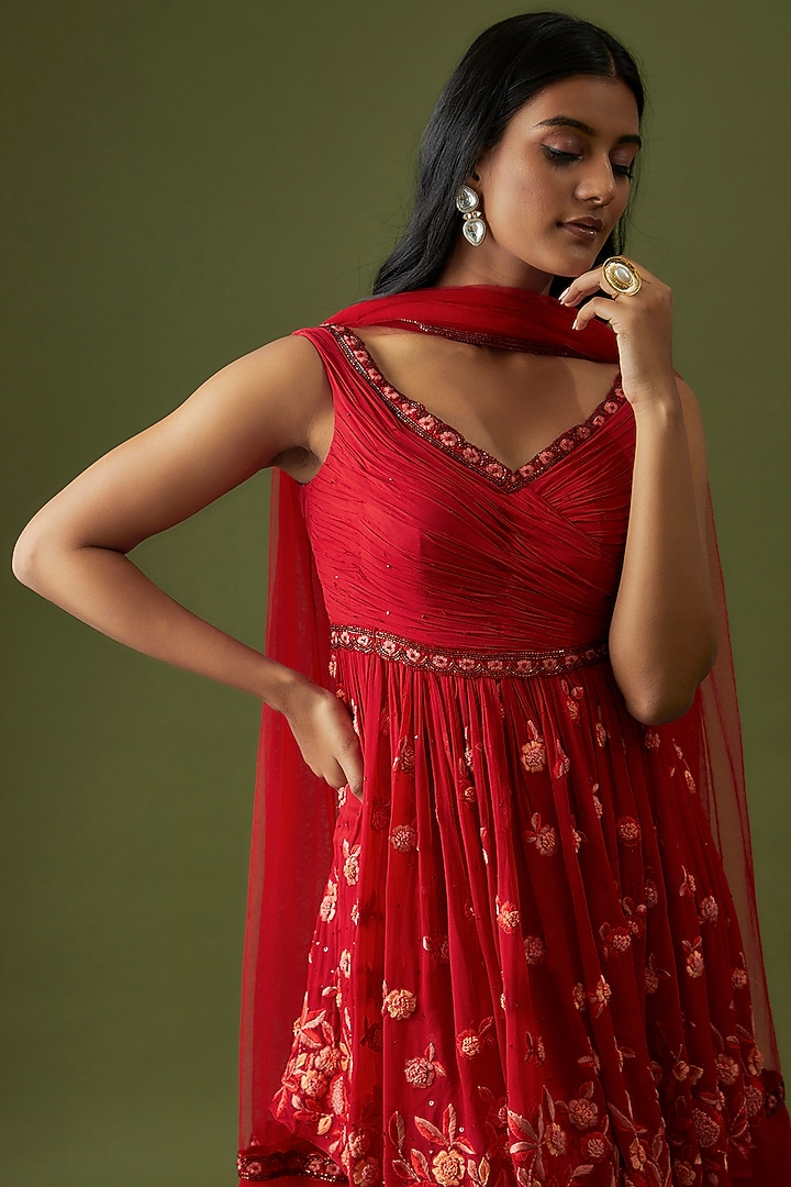 Red Georgette & Net Wedding Sharara Set by CHRISTINA at Pernia's Pop Up Shop