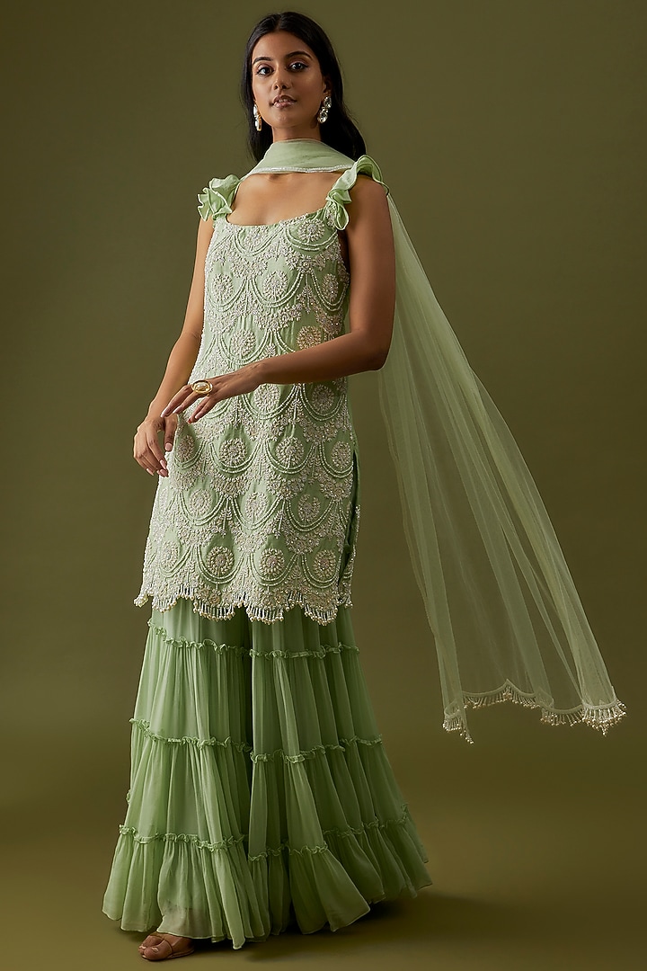 Green Georgette & Silk Layered Wedding Sharara Set by CHRISTINA at Pernia's Pop Up Shop