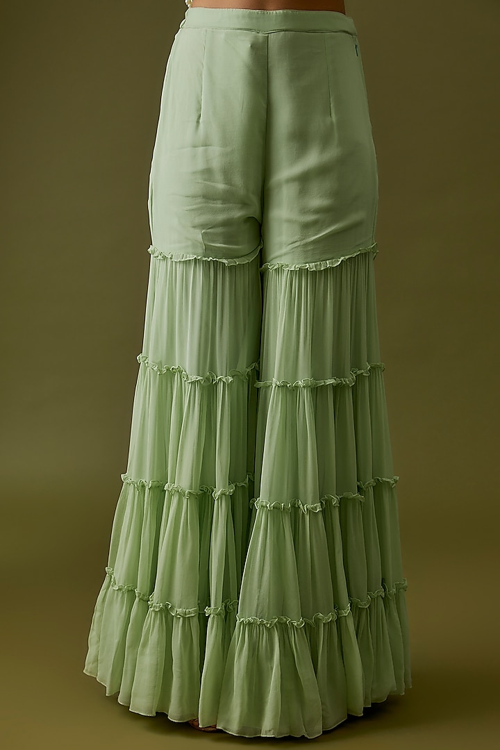 Green Georgette & Silk Layered Wedding Sharara Set by CHRISTINA at Pernia's Pop Up Shop